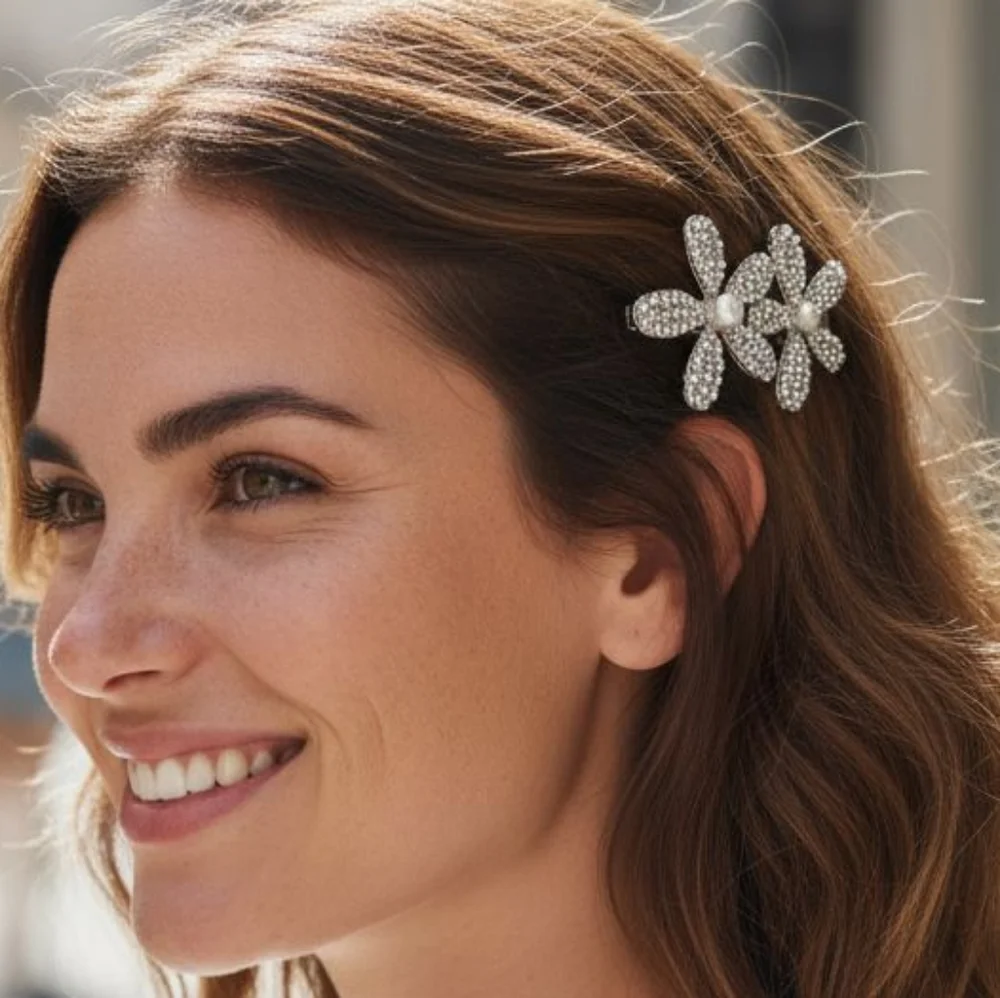 Rhinestone Double‎ Flower Hair Clip- Available In Gold or Silver